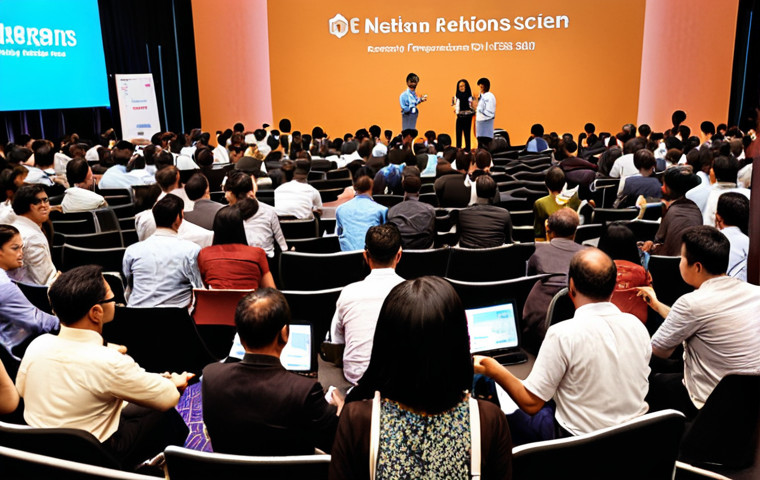 **
A person confidently attending an IT conference in Kuala Lumpur, networking with other professionals, exchanging business cards, and listening to a speaker on stage discussing the latest trends in Data Science. The scene should depict a vibrant and engaging professional environment.
**