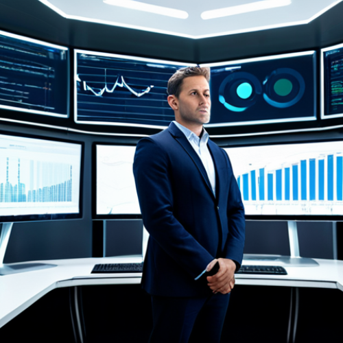 Home 8 A professional male IT Project Manager in a modest business suit, standing confidently in a futuristic, high-tech IT project control room. Large digital screens display complex data visualizations, AI algorithms, and Big Data analytics, subtly hinting at "waves of change" and innovation. He is looking strategically at the data, with a thoughtful and focused expression. The environment is sleek and modern, with soft ambient lighting. safe for work, appropriate content, fully clothed, professional, perfect anatomy, correct proportions, natural pose, well-formed hands, proper finger count, professional photography, high quality, sharp focus.
