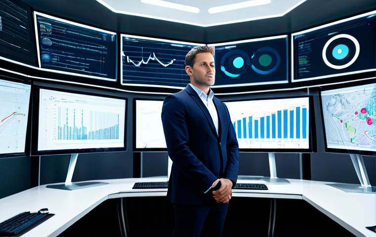 A professional male IT Project Manager in a modest business suit, standing confidently in a futuristic, high-tech IT project control room. Large digital screens display complex data visualizations, AI algorithms, and Big Data analytics, subtly hinting at "waves of change" and innovation. He is looking strategically at the data, with a thoughtful and focused expression. The environment is sleek and modern, with soft ambient lighting. safe for work, appropriate content, fully clothed, professional, perfect anatomy, correct proportions, natural pose, well-formed hands, proper finger count, professional photography, high quality, sharp focus.