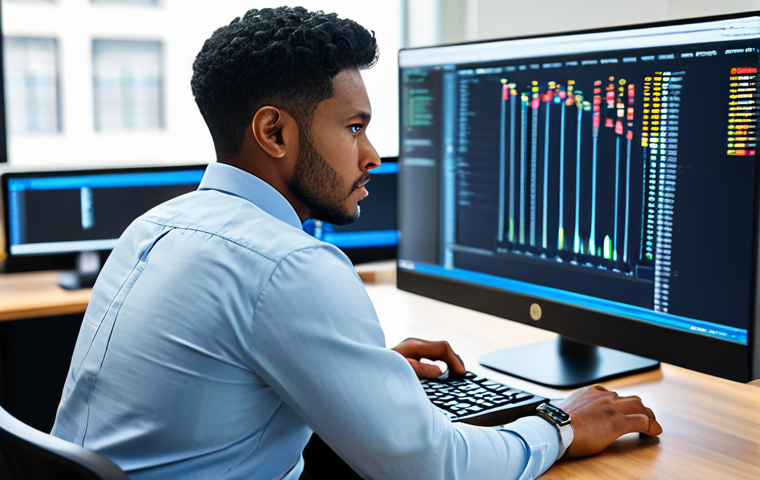 A focused, diverse IT professional in a modest business casual shirt and trousers, intensely analyzing data logs on a large monitor at a clean, modern office workstation. The screen displays complex diagnostic information and code. The professional's hand rests near a keyboard, suggesting active problem-solving and deep thought. The background is a blurred, well-lit office environment, emphasizing the subject. Perfect anatomy, correct proportions, natural pose, well-formed hands, proper finger count, natural body proportions. High-resolution professional photography, detailed, realistic, safe for work, appropriate content, fully clothed, professional.