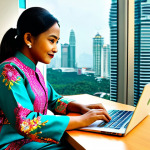 Professional Office Setting**

"A Malay businesswoman in a modest baju kurung (traditional Malay dress), working on a laptop at a desk in a modern Kuala Lumpur office, Petronas Twin Towers visible through the window, fully clothed, appropriate attire, safe for work, perfect anatomy, natural proportions, professional photography, high quality, family-friendly, bright and vibrant colors."

**