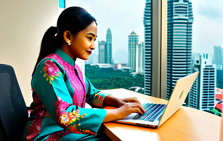 Professional Office Setting**

"A Malay businesswoman in a modest baju kurung (traditional Malay dress), working on a laptop at a desk in a modern Kuala Lumpur office, Petronas Twin Towers visible through the window, fully clothed, appropriate attire, safe for work, perfect anatomy, natural proportions, professional photography, high quality, family-friendly, bright and vibrant colors."

**